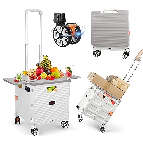 FELICON SELORSS Folding Utility Cart Portable Rolling Crate Handcart with Magnetic Sliding Lid Telescoping Handle Plastic Box Dolly 360Swivel Wheels for Travel Shop Move Office Teacher(White Pro)