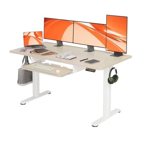 Claiks Standing Desk with Keyboard Tray, Electric Standing Desk Adjustable Height, 55x24 Inches Sit Stand up Desks with Splice Board, Raising Desks for Home Office, Natural