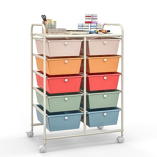 Giantex 10 Drawers Rolling Cart, Classroom Organizers, Storage Cart with Wheels, for Teacher Office Home School Supplies Tool Craft Art Paper, Multicolor