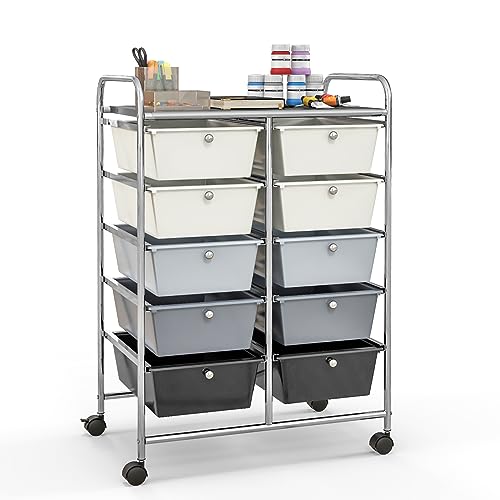 Giantex 10 Drawers Rolling Cart, Classroom Organizers, Storage Cart with Wheels, for Teacher Office Home School Supplies Tool Craft Art Paper, Gray Gradient