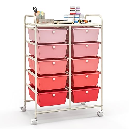Giantex 10 Drawers Rolling Cart, Classroom Organizers, Storage Cart with Wheels, for Teacher Office Home School Supplies Tool Craft Art Paper, Pink Gradient