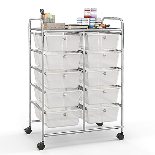 Giantex 10 Drawers Rolling Cart, Classroom Organizers, Storage Cart with Wheels, for Teacher Office Home School Supplies Tool Craft Art Paper, Clear White