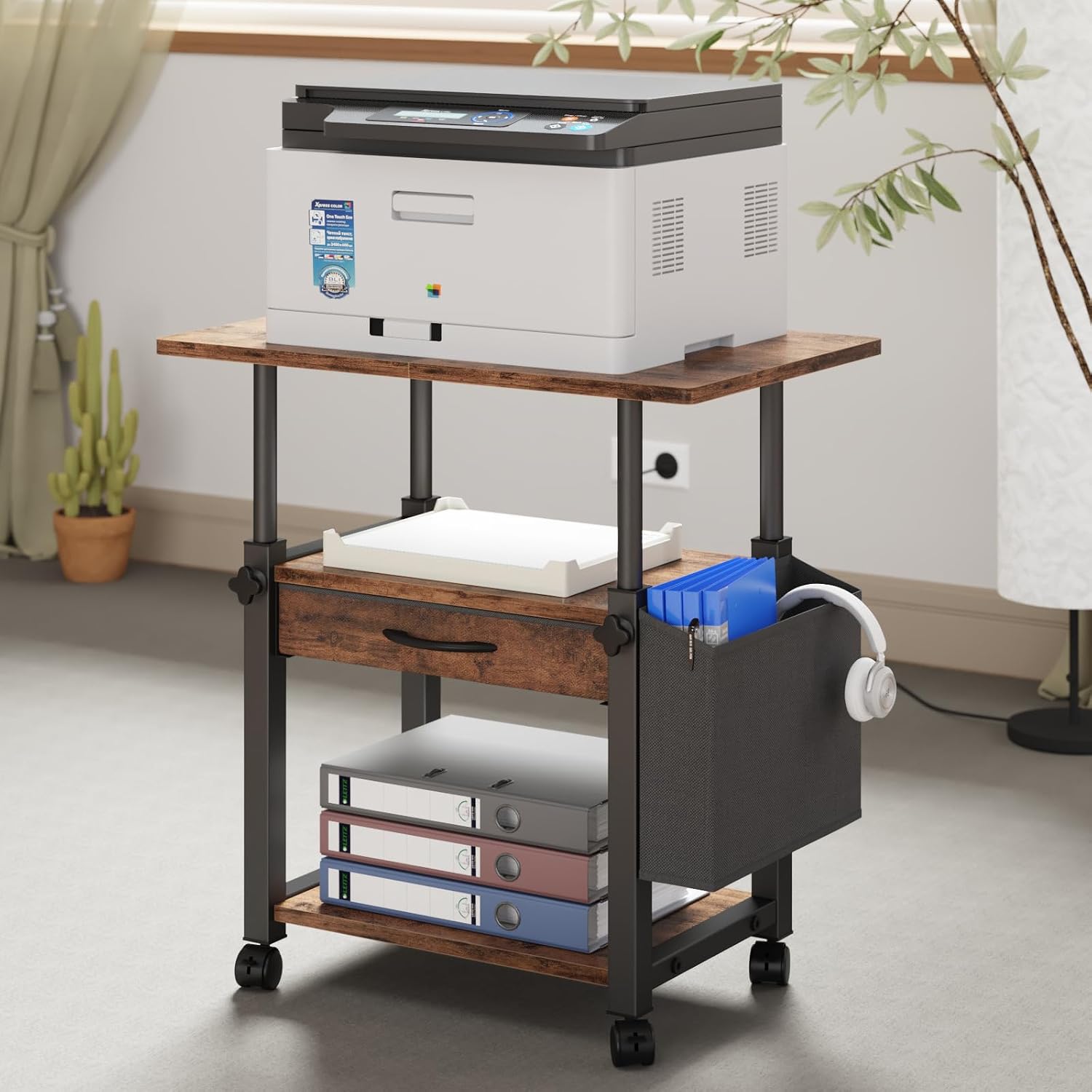 Large Printer Stand with Storage Drawer and Side Bag, 3-Tier Height Adjustable Table for Home Office, Fits Heat Press/Laser/3D Printer (Rustic Brown)