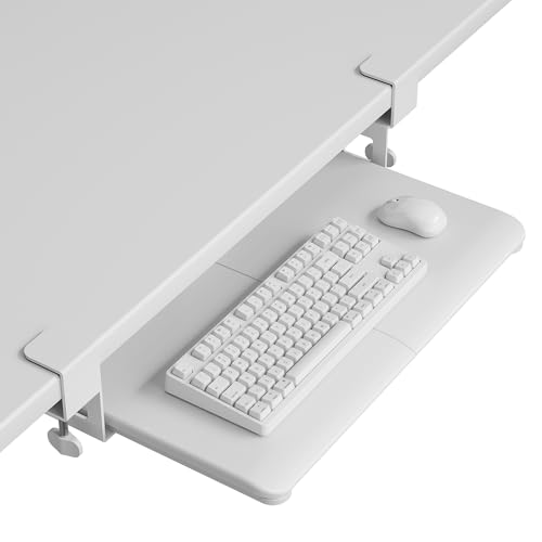 BONTEC KMT01-PJ Under Desk Keyboard Tray, Pull-Out Keyboard & Mouse Platform with C-Clamp, 20 x 11.8 in Space-Saving Ergonomic Slide-Out Drawer, White