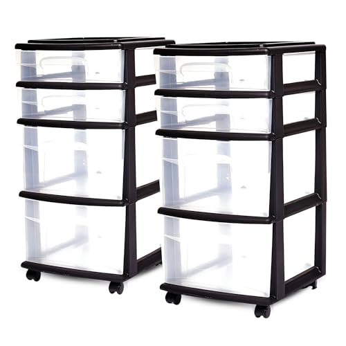 HOMZ 2-Pack Drawer Tower, 4-Tier Clear Plastic Storage Organizer Cart, Black Frame - Organizing Containers with Wheels for Home, Bathroom, Bedroom, Office, and Classroom
