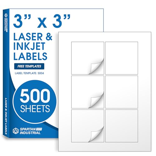 3" X 3" Square Printable Labels Compatible with Inkjet and Laser Printers - 500 Sheets, 5000 Matte White Paper Stickers for QR Codes, Barcodes, and Product Labeling - Spartan Industrial