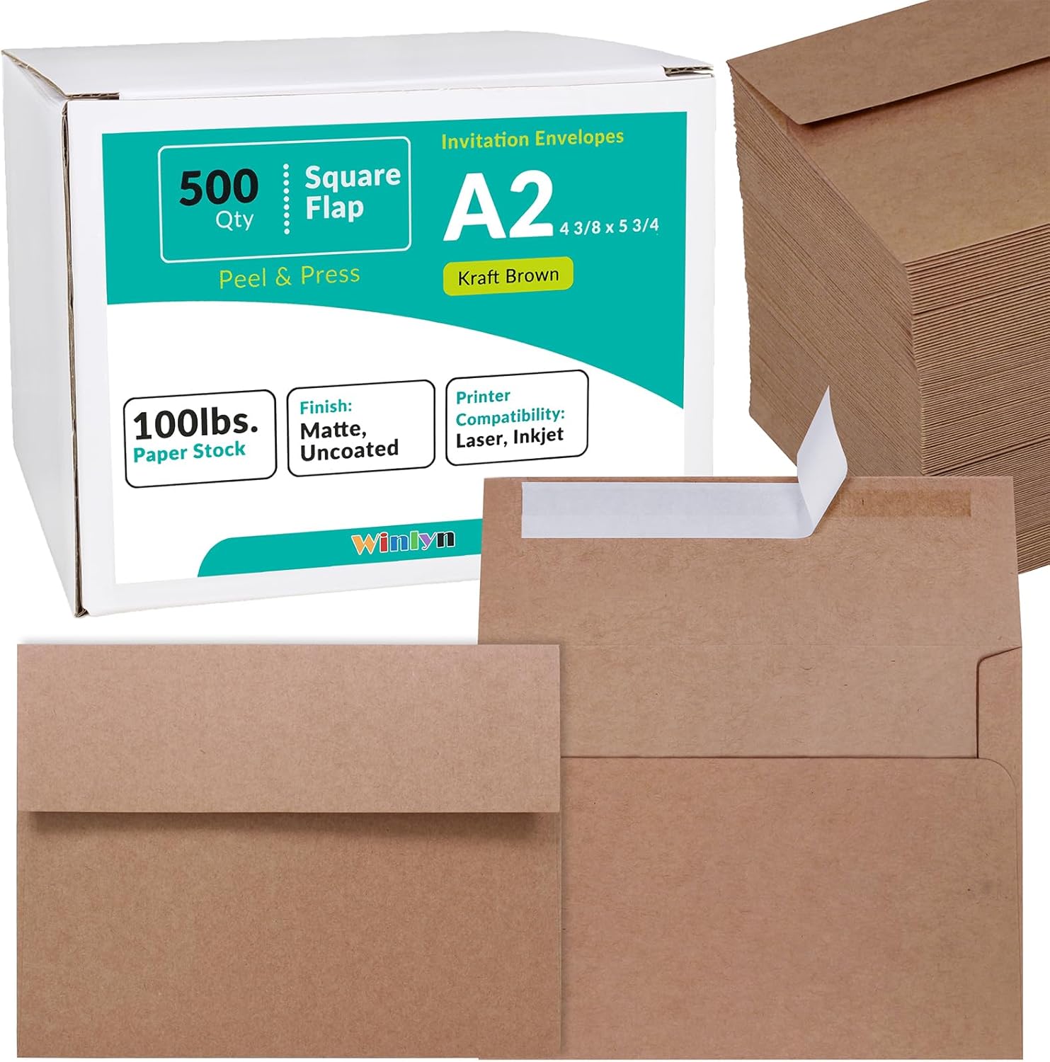500 Pcs A2 Invitation Envelopes in Kraft Brown Peel & Press Self Seal 4 3/8 x 5 3/4 Square Flap Envelopes RSVP Return Envelopes 100lb. for Announcement Mailing 4x5 Greeting Cards Photo 1/4 Fold Cards