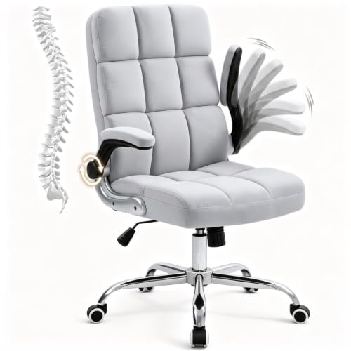 ECOTOUGE Executive Office Chair, Velvet Ergonomic Comfy Desk Chair, High Back Computer Chair with Adjustable Tilt Angle and Flip-up Arms (Grey, Without Footrest)