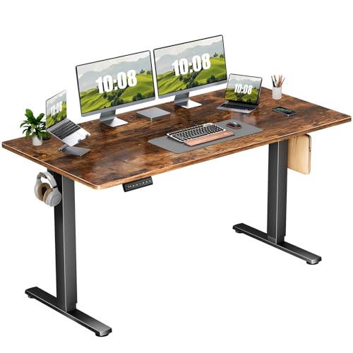 Sweetcrispy Standing Desk Adjustable Height, 63inch Electric Sit Stand up Desk for Home Office, Modern Rising Work Table for Computer Laptop, Lift Gaming Desk Sturdy Ergonomic Workstation, Rust Brown