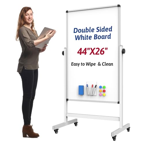 Rolling Whiteboard, 44 x 26 Double Sided Magnetic Dry Erase Board Height Adjustable Whiteboard on Wheels with Sturdy Aluminum Frame for Home Office Classroom