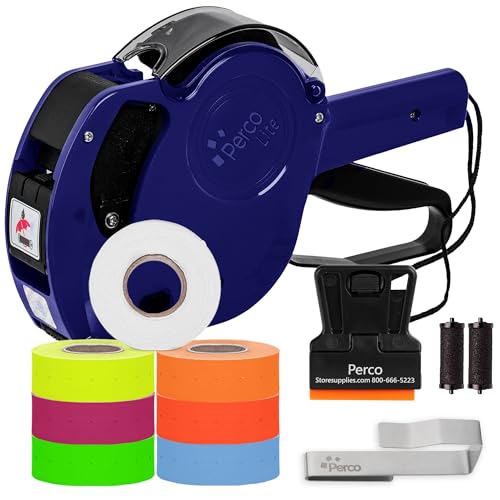 Perco Lite 1 Line Price Gun with Labels Kit - Includes 1 White Roll, 6 Multicolored Rolls, 2 Ink Rollers, 1 Ink roll and Labels Pre-Loaded