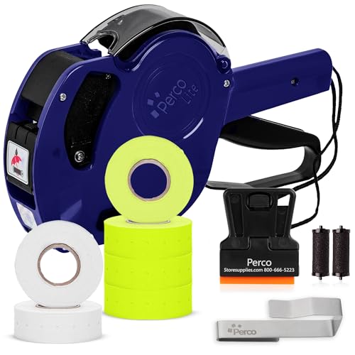 Perco Lite 1 Line Price Gun with Labels Kit - Includes 3 White Rolls, 3 Yellow Rolls, 2 Ink Rollers, 1 Ink roll and Labels Pre-Loaded