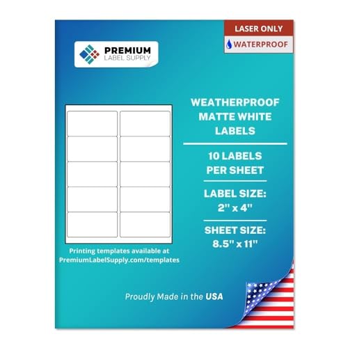 Premium Label Supply Waterproof White Address Sticker Labels  2" x 4"  Laser Printers Only  (10 per Sheet), 100 Sheets - 1,000 Total Adhesive Labels