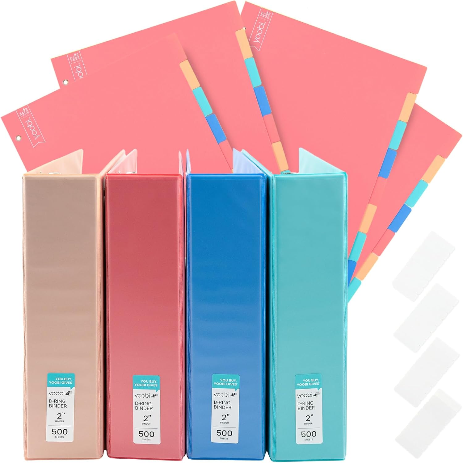 Yoobi 2 Inch Binder and 8 Tab Dividers Set, 4 Pack of 3 Ring Binders with Plastic Cover, 2 Pockets and D Rings, 4 Pack of Binder Organizer Tabs with Blank Sticky Labels, Office or School Supplies