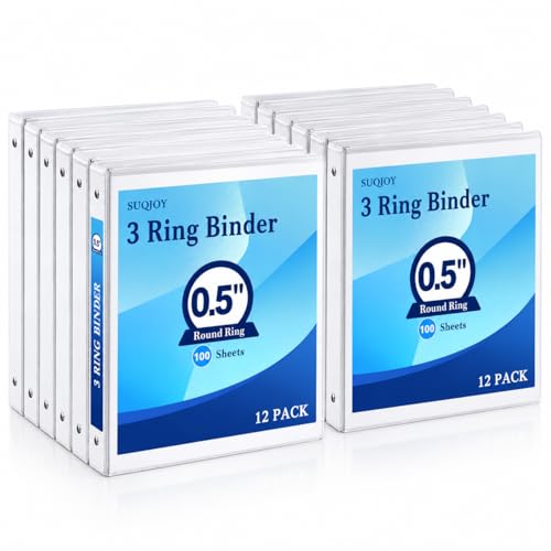 1/2 Inch 3-Ring Binder, 0.5-inch Round Ring Binder with 2 Inside Pockets, 12 Pack White Binders, Clear View CoverBinder Holds 8.5'' x 11''Paper for Office/Home/Back to School