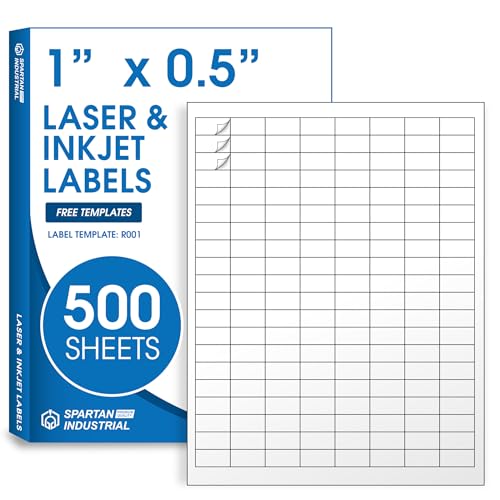 1" X 0.5" Matte White Printable Labels Compatible with Inkjet and Laser Printers - 500 Sheets, 80000 Small Stickers for Barcodes, Product Labeling, Inventory - Spartan Industrial