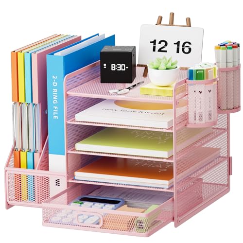 Marbrasse Desk Organizer with File Holder, 5-Tier Paper Letter Tray Organizer with Drawer and 2 Pen Holder, Mesh Desktop Organizer and Storage with Magazine Holder for Office Supplies(Pink)