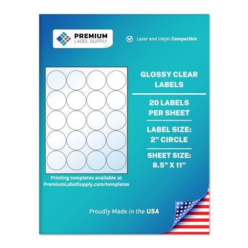 Premium Label Supply Glossy Clear Sticker Round Labels  2" Circle  Laser/Inkjet Compatible  (20 per Sheet), 100 Sheets  2,000 Total Adhesive Labels