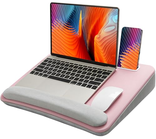 HUANUO Lap Laptop Desk - Portable Lap Desk with Cushion, Fits up to 15.6 inch Laptop, Anti-Slip & Storage Function - Pink