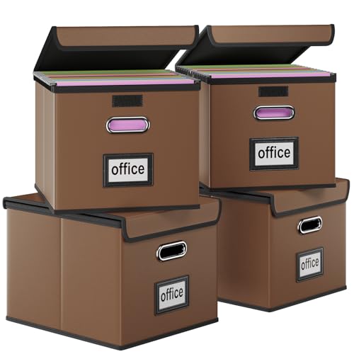 Huolewa Portable Leather File Organizer Boxes with Lids, Office Document Boxes Organizer, Filing Boxes, Decorative Small File Boxes for Hanging Files with Plastic Slide for Office/Decor/Home