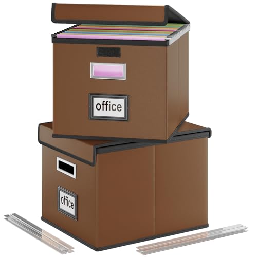 Huolewa File Organizer Boxes with Lids, Collapsible Faux Leather Hanging File Folder Box Organizer with Plastic Slide, Decorative Home/Office Filing System Boxes for File and Folders Storage