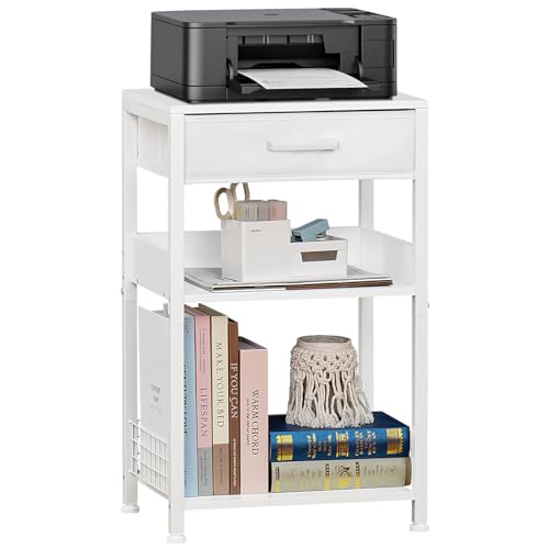Lerliuo White Printer Stand with Fabric Drawer, 3 Tier Industrial Side Table, Modern Small Printer Desk Holder with Storage Shelf,Multi-Functional Bedside Tables for Home Office Fax Machine Scanner