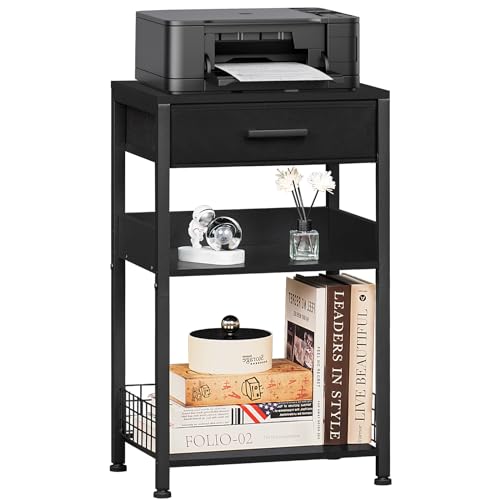 Lerliuo Pure Black Printer Table with Fabric Drawer,3 Tier Industrial Wood Printer Stand with Storage Shelf,Modern Tall End Table,Nightstand,Bed Side Tables for Scanner Fax Home Office Small Spaces