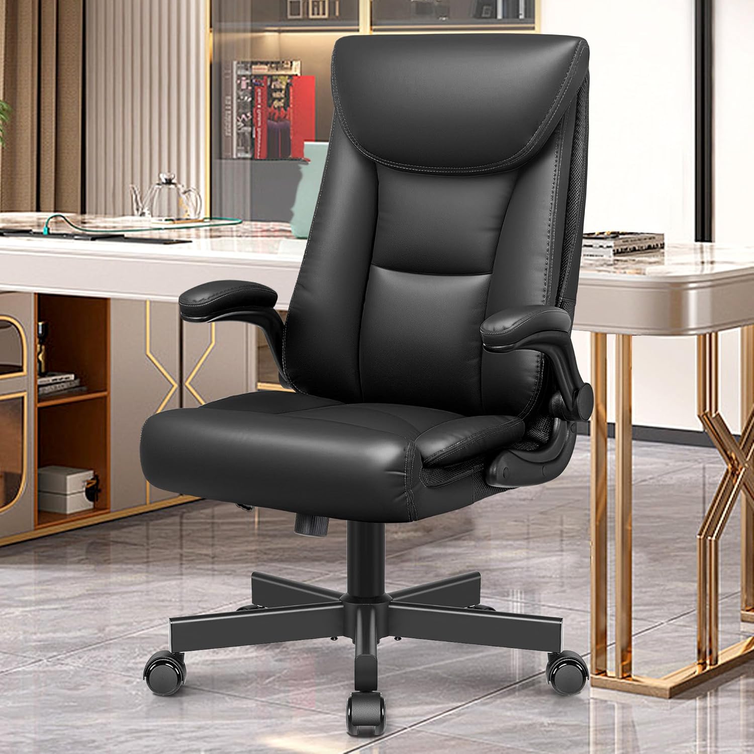 Executive Office Chair, Leather Ergonomic Office Chair Big and Tall Home Office Desk Chairs with Adjustable Flip-Up Arms Lumbar Support Swivel Computer Chair with Rocking Function(Black)