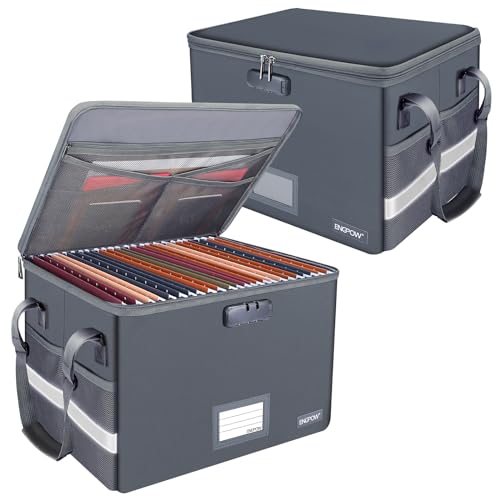 ENGPOW File Box with Lock, Fireproof Document Box with Pockets, Collapsible File Organizer Filing Storage Cabinet with Handle, Portable Home Office Safe for Hanging Letter/Legal Folders,Gray,2 Pack