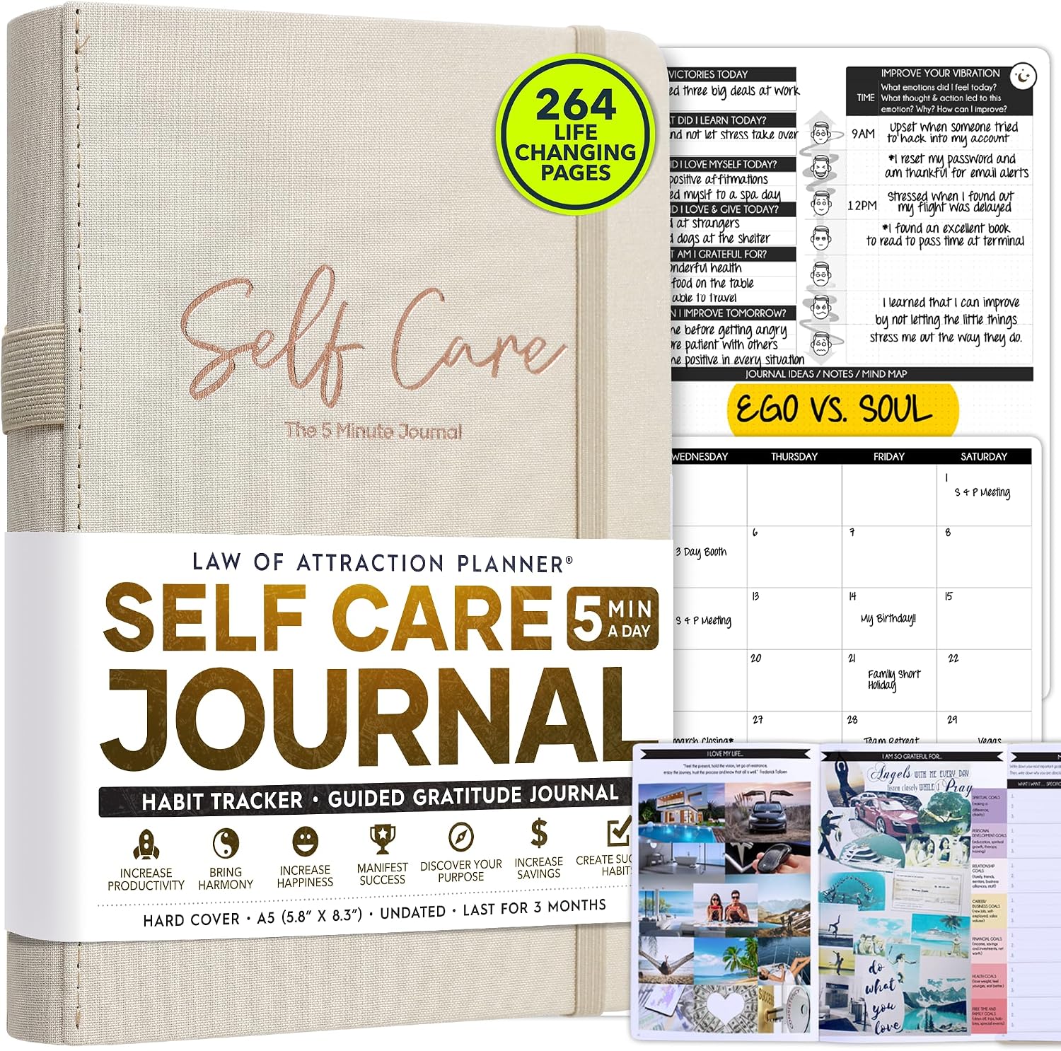 Self Care Journal - 5 Minute Mental Health & Manifestation Journal | 90-Day Undated Daily Planner for Positivity, Affirmations & Gratitude | Guided Mindfulness, Reflection | Vision Board + Stickers
