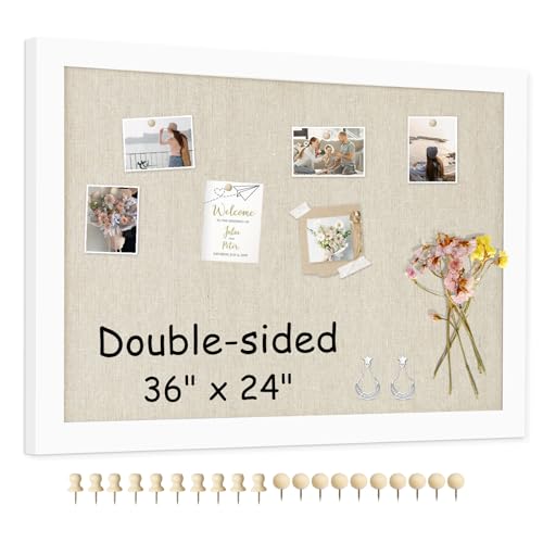 Double-Sided Large Cork Board with Linen, 36" x 24" Hanging Wood Framed Bulletin Board, Picture Display Vision Board Corkboards for Wall Room School Office Decor, 20 Pushpins,1pack