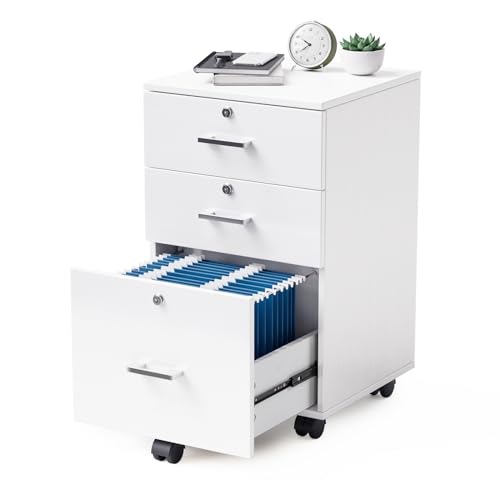 VINGLI 3-Drawer File Cabinet with Lock, Wood Rolling Filing Cabinets for Home Office, Mobile Printer Stand, Under Desk File Organizer for Letter Sized Files, 26" H(Caster Included), White