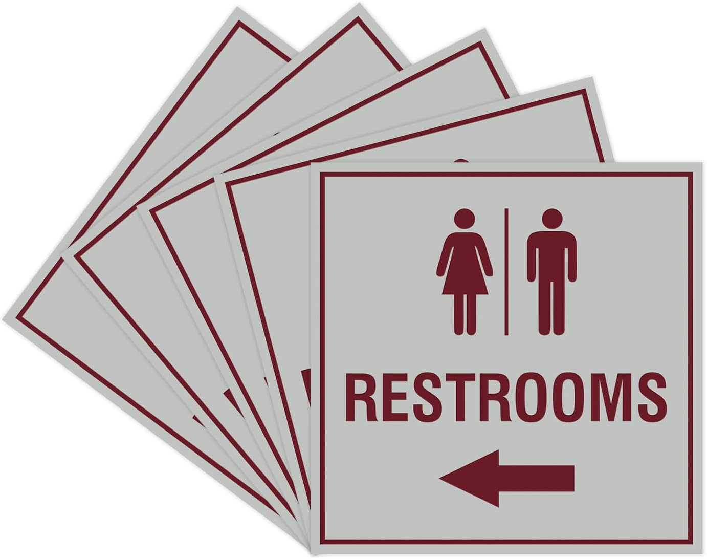 Signs ByLITA Square Restrooms left arrow Sign with Adhesive Tape (Light Grey/Burgundy) - Large (5 Pack)