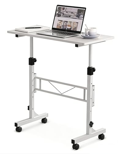 Small Standing Desk Adjustable Height, Mobile Stand Up Desk with Wheels, 32 Inch Portable Rolling Desks Computer Office Workstations for Walking Pad Treadmill White