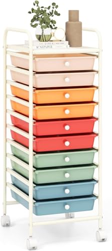 Storage Cart, Rolling Utility Cart with 10 Drawers, Portable Handles & Lockable Wheels, Mobile Paper Toys Storage Organizer Large Capacity for Home Office School Teacher (Macaron)