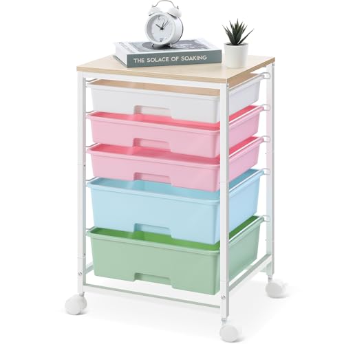 Utility Cart with 5 Drawers,Storage Drawer Cart with Wooden Tabletop and Lockable Wheels,Craft Storage Trolley Cart,5-Tier Rolling Utility Cart on Wheels,Rainbow