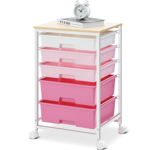 Utility Cart with 5 Drawers,Storage Drawer Cart with Wooden Tabletop and Lockable Wheels,Craft Storage Trolley Cart,5-Tier Rolling Utility Cart on Wheels,Rose Pink
