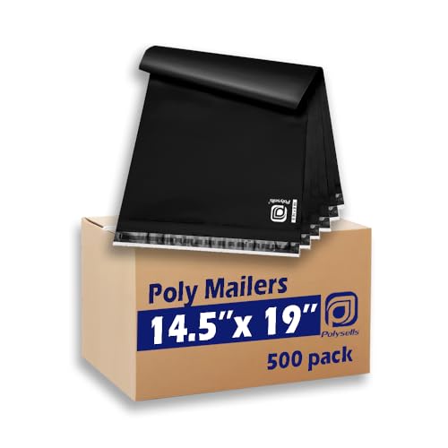 POLYSELLS 500 pcs 14.5x19 Inches Black Poly Mailers Shipping Envelopes, Strong Adhesive Sealing, Waterproof, and Tear-resistant Postal Mailing Bags for Clothing, Books, and Accessories