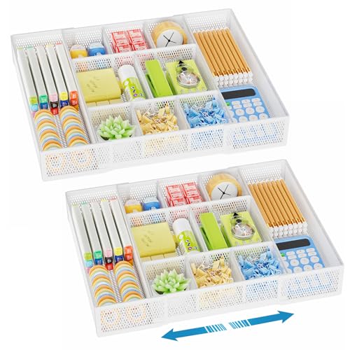 Marbrasse Expandable Desk Drawer Organizer, Mesh Drawer Organizer Tray with 10 Adjustable Compartments, Desk Organizers and Accessories for Office Supplies, Makeup & Vanity (Expandable White-2 pack)