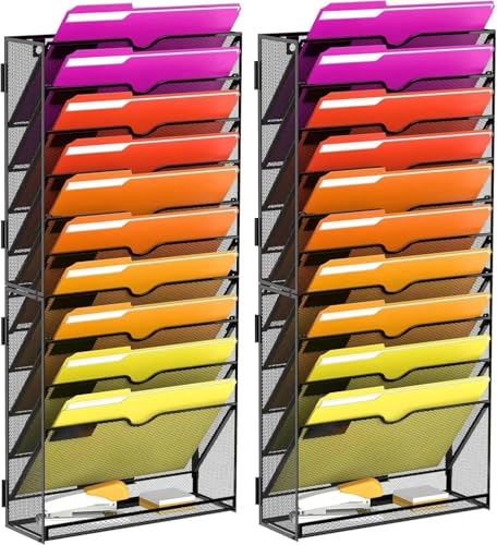 11-Tier Wall File Organizer Hanging File Organizer for Papers, Folders, Files, Magazine, Document, Mesh Wall Mount File Holder for Office Home School, Black 2 Pack