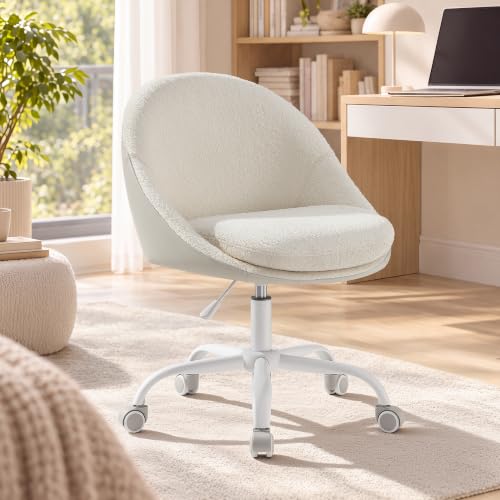 VASAGLE Vanity Chair with Back, Adjustable Swivel Cute Desk Chair with Wheels, Sherpa and PU Leather for Lumbar Support, Compact for Small Spaces, Bedroom, Cappuccino Beige and Cloud White UOBG020W91