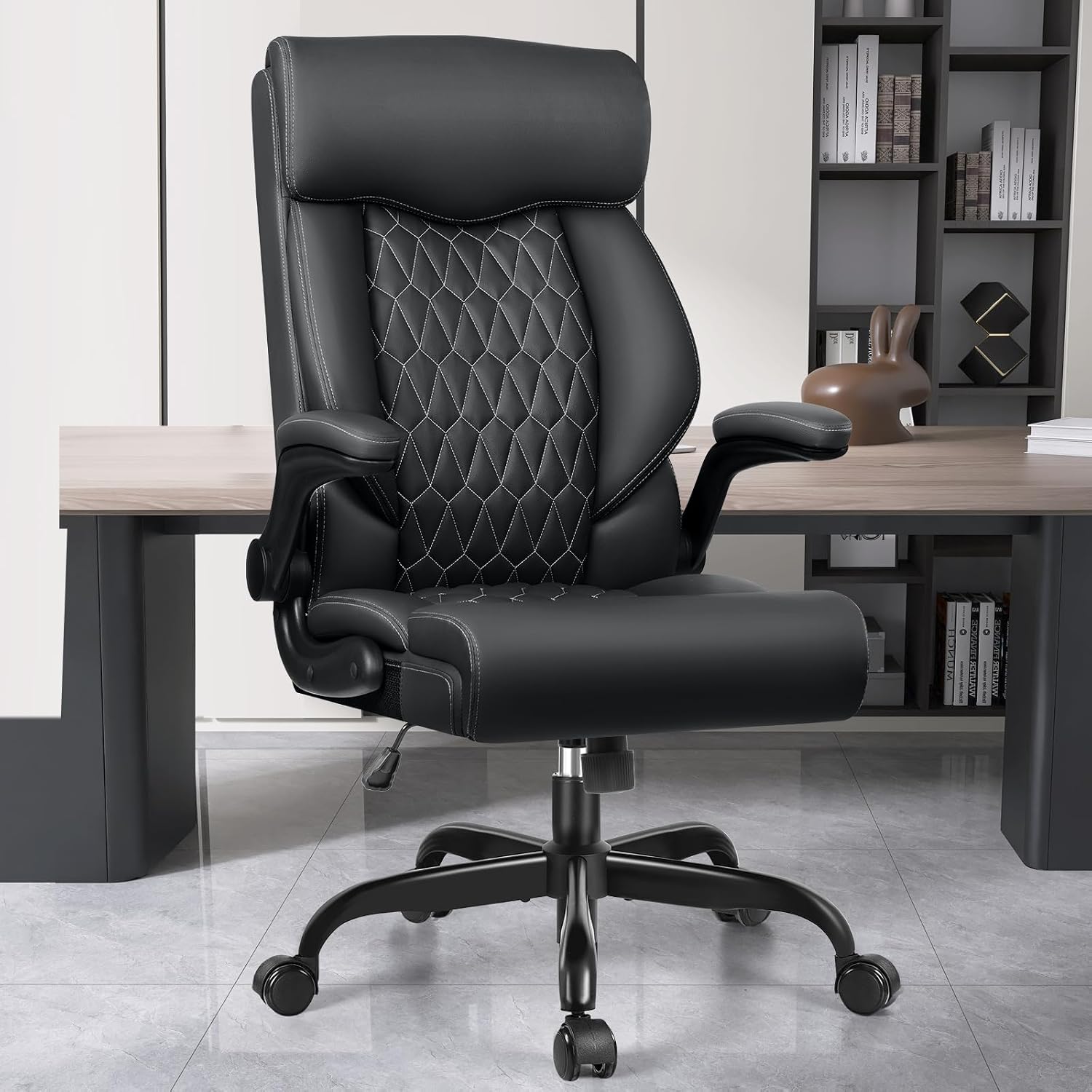 High Back Executive Office Chair - Ergonomic Computer Desk With Rocking Function, Leather Managerial With Adjustable Flip-Up Armrests and Lumbar Support