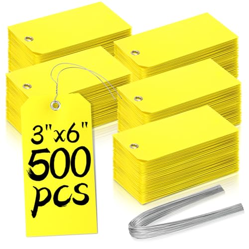 500 Pieces Plastic Shipping Tags with Wire Waterproof Hang Tags Heavy Duty Labeling Tags with String Wires Tags Labels Labeling Tags Stacking Tags for Equipment Car Parts (Yellow, 3x6)