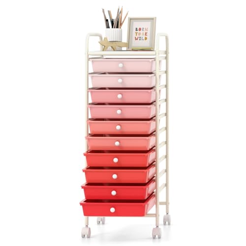 GOFLAME 10-Drawer Rolling Storage Drawer Cart, Utility Cart with Removable Drawers & Metal Frame, Mobile Art Craft Drawer Cart with Lockable Wheels for Home, Office, Studio, School, Pink