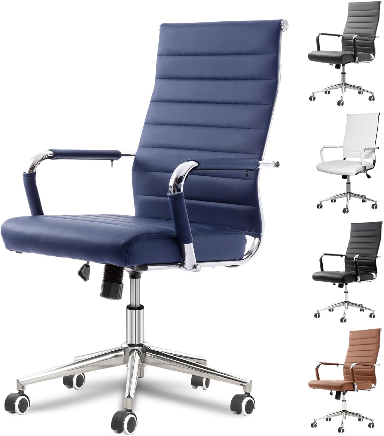 Okeysen Navy Blue Office Desk Chair, Ergonomic Leather Modern Conference Room Chairs, Executive Ribbed Height Adjustable Swivel Rolling Chair for Home Office.
