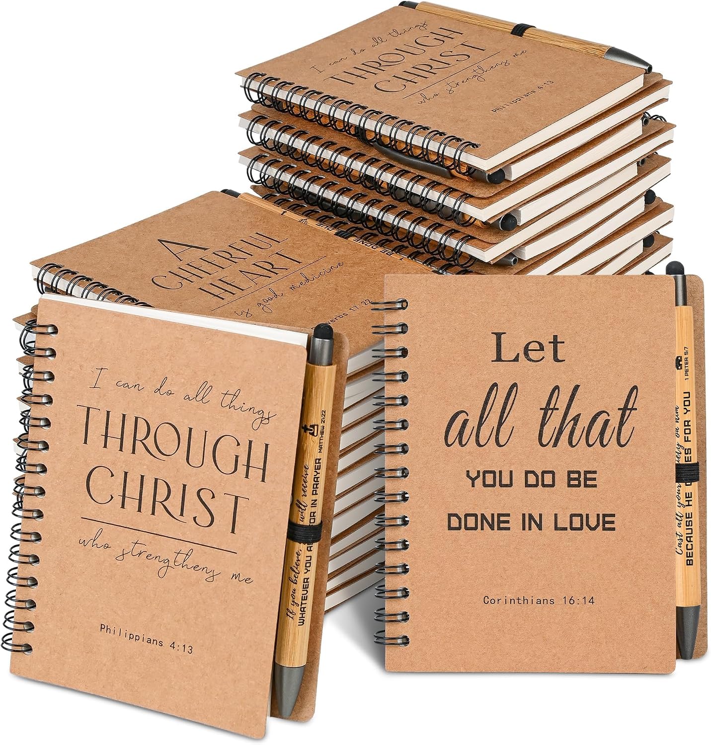 INSADA 30 Sets Bulk Christian Spiral Notebooks with Bamboo Pen Prayer Journal, Small Notepad (5.43x4.33) - Christmas Gifts for Church Members, Bible Study Groups & Church Families