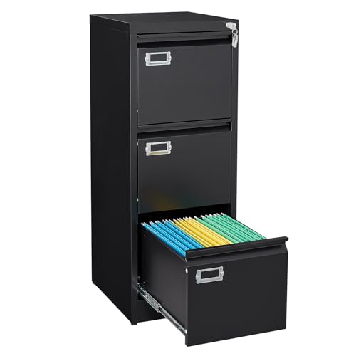 SISESOL 3 Drawer File Cabinet with Lock and Tag,Narrow Three Drawer Filing Cabinet,Vertical Metal File Cabinets,Small Black Filing Cabinets for Home Office Fit Letter/A4/Legal Size File,Easy Assembly