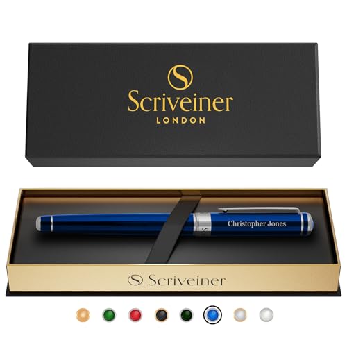 Scriveiner Personalized Midnight Blue Pen - Stunning Blue Lacquer Luxury Pen, Chrome Finish, Schmidt Ink Refill, Best Engraved Roller Ball Gift Set for Men & Women, Custom Name Engraving