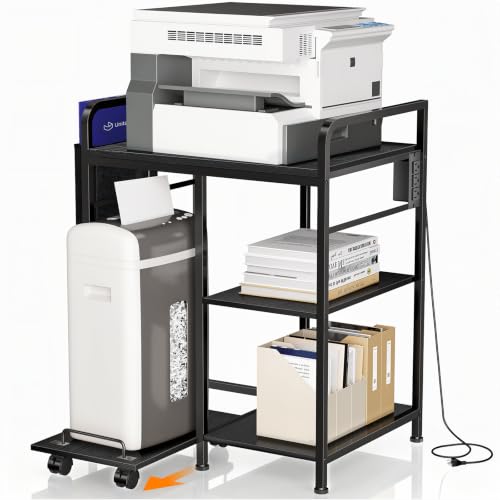 Home Printer Stand with Charging Station, 24x18 Inches Stands for Large Printer, Printer Shredder Stand with Storage for Home Office, Table for Fax Machine/PC Tower (Black)