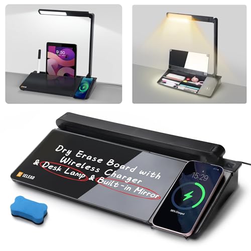 SELEAD Desktop Glass Whiteboard with Wireless Charger Station and Desk Lamp, Tabletop Dry Erase Board w/Organizer, Markers, Mirror, Holder for Home School Office Desk Accessories, Black